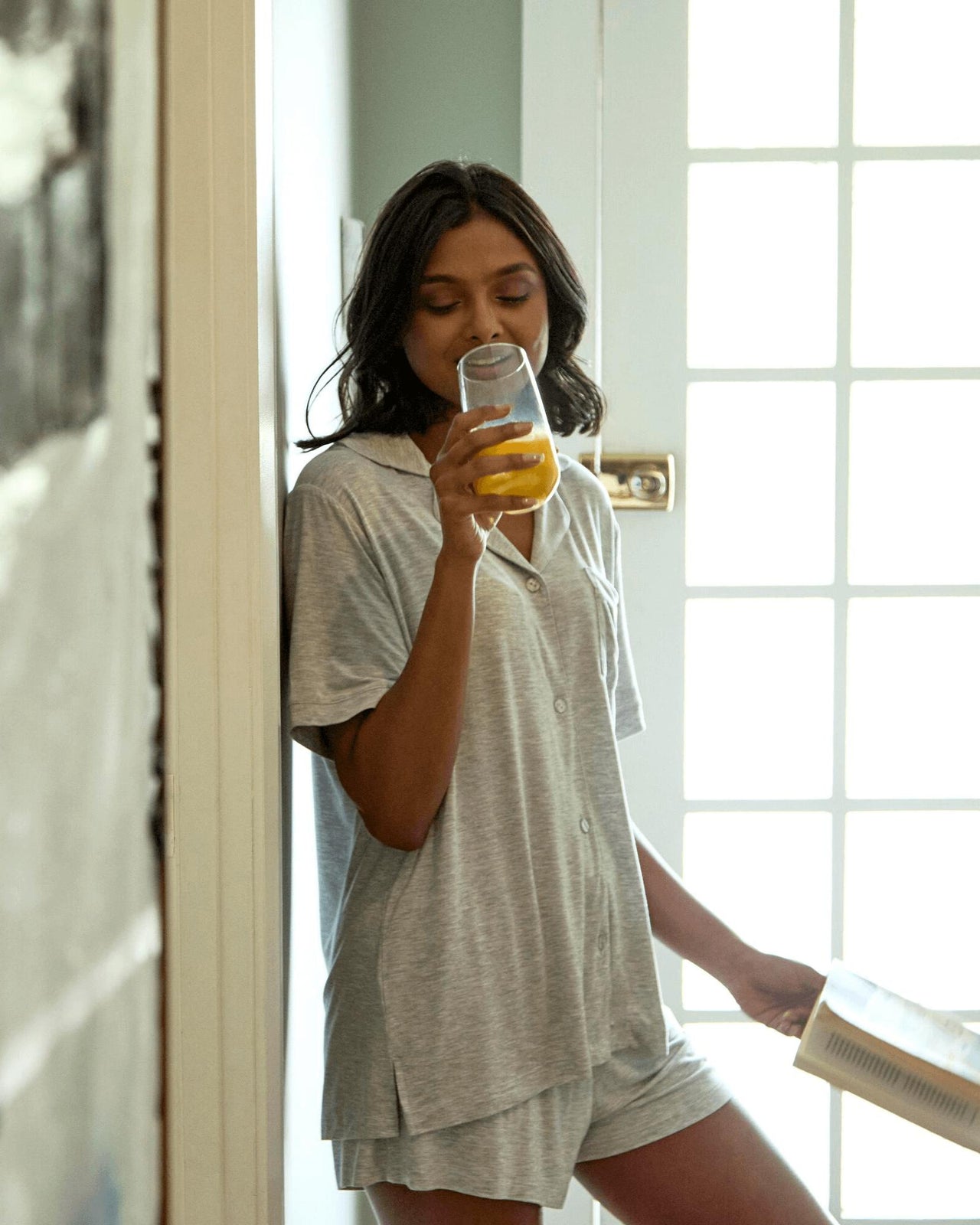Belle Bamboo Short PJ in LIGHT GREY MARLE. Feature shot