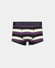 Rugby Stripe Mens Trunk in BLACK/PLUM PERFECT/OATMEAL. Flat lay front view