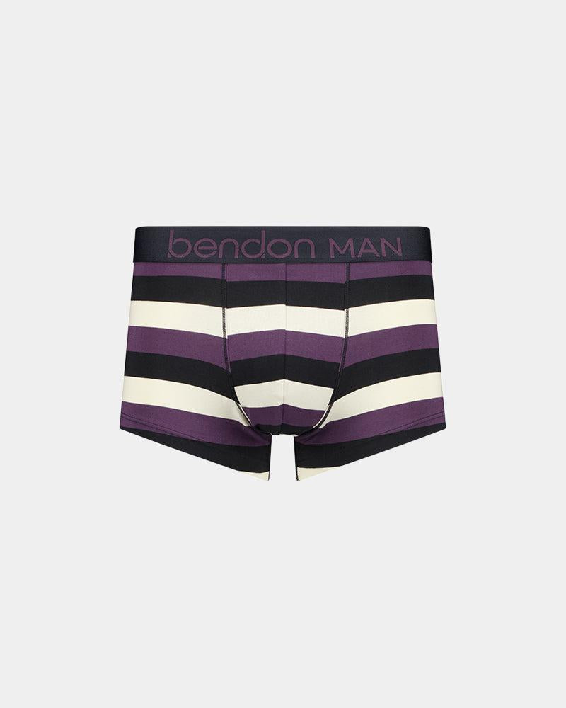 Rugby Stripe Mens Trunk in BLACK/PLUM PERFECT/OATMEAL. Flat lay front view