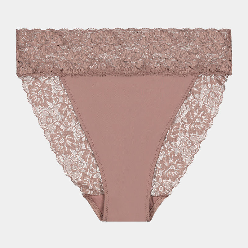 Lace Trim High Cut Brief in MOCHA. Flat lay front view