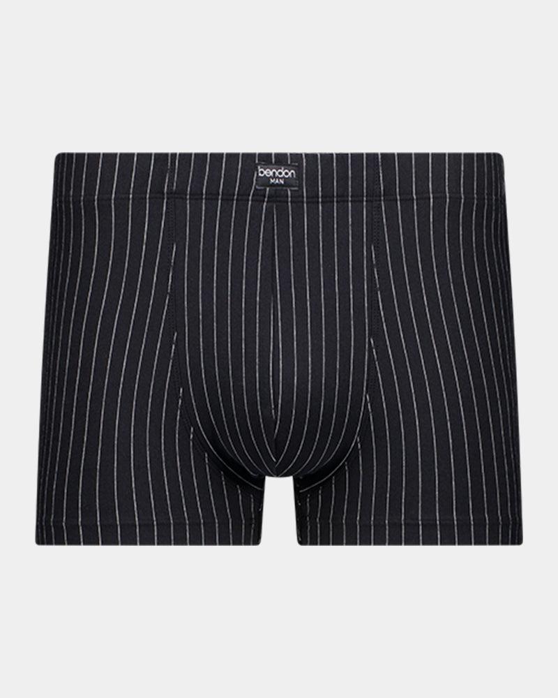 Cotton Stretch Mens Trunk in BLACK PINSTRIPE. Flat lay front view