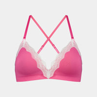 Nikki Wire Free Bra in SHOCKING PINK/WHITE. Flat lay back view