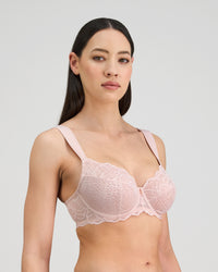 Model wears Midnight Express Underwire Bra in PALE LILAC. On body side view