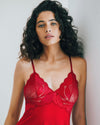 Model wears Siesta Chemise in JESTER RED. On body side view
