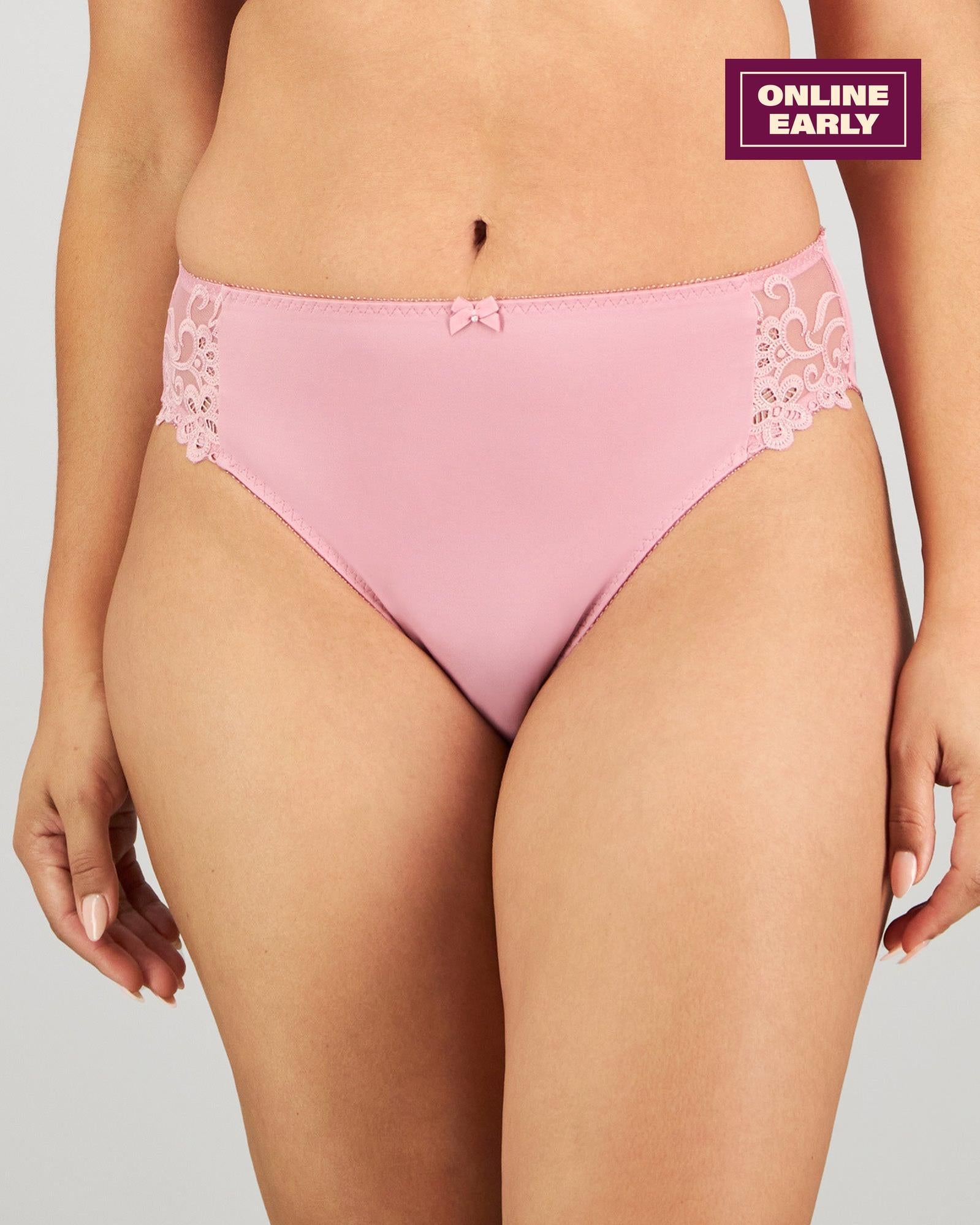 Model wears Coral High Cut Brief in LILAS. On body front view