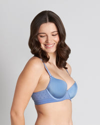 Model wears Bendon Body Contour Bra in COLONY BLUE. On body side view