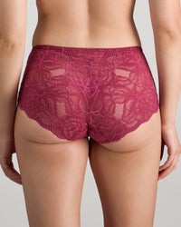 Model wears Midnight Express Full Brief in BEAUJOLAIS. On body back view