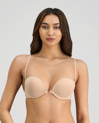 Model wears Infinity Multiway Convertible Bra in LATTE. On body front view