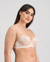 Model wears Sofia Contour Bra in CAMEO. On body side view