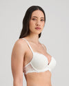 Model wears My Fit Lace Push Up Bra in WHITE. On body side view