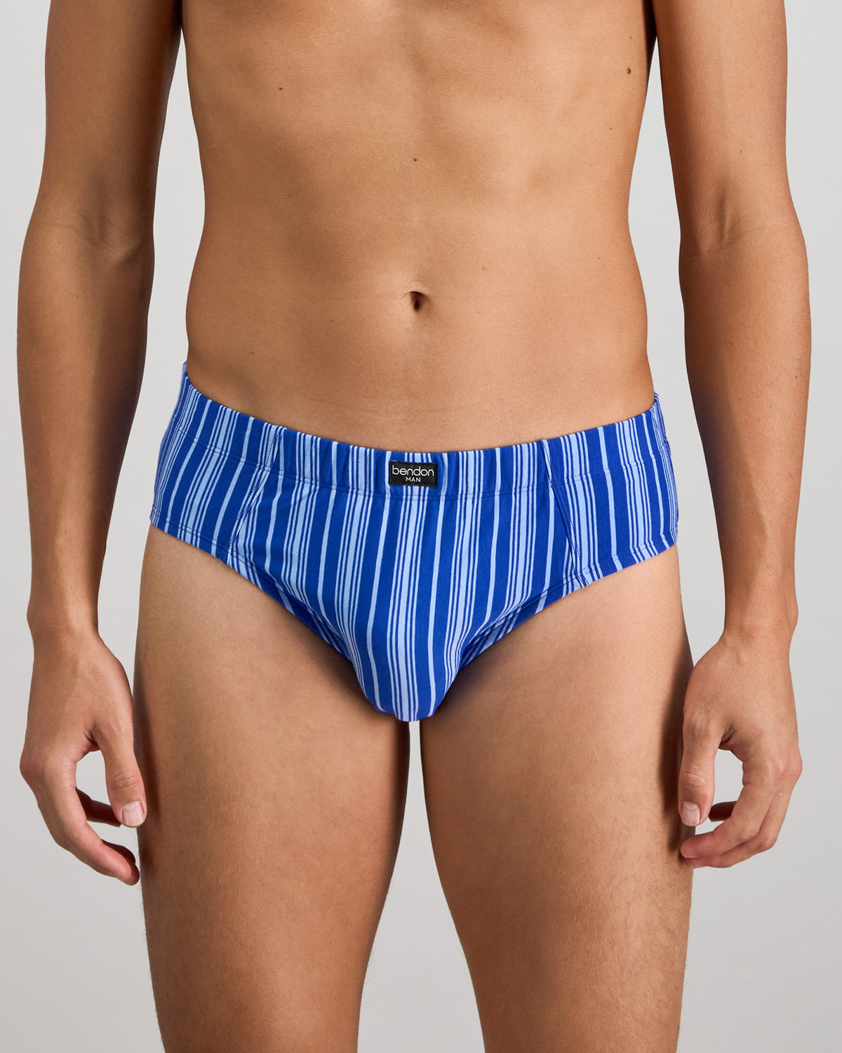 Model wears Cotton Stretch Mens Brief in SURF THE WEB STRIPE. On body front view