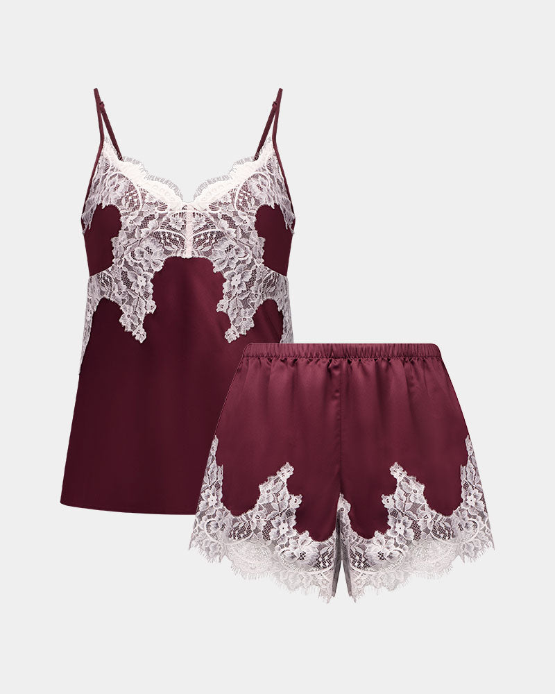 Sweet Indulgence Cami & Short Set in FIG/PALE LILAC. Flat lay front view