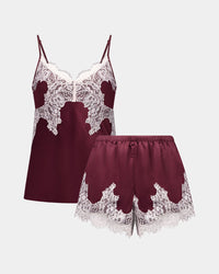 Sweet Indulgence Cami & Short Set in FIG/PALE LILAC. Flat lay front view