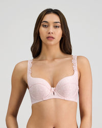 Model wears Damask Contour Bra in PALE LILAC. On body front view