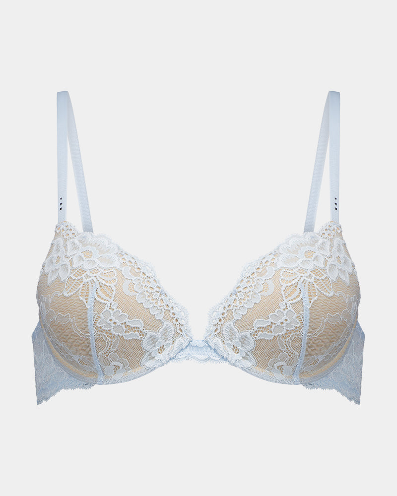 My Fit Lace Push Up Bra in OMPHALODES. Flat lay front view