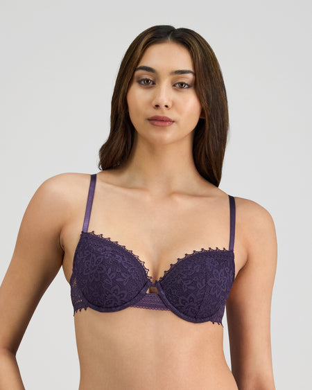 Model wears Jessie Contour Bra in PURPLE VELVET. On body front view