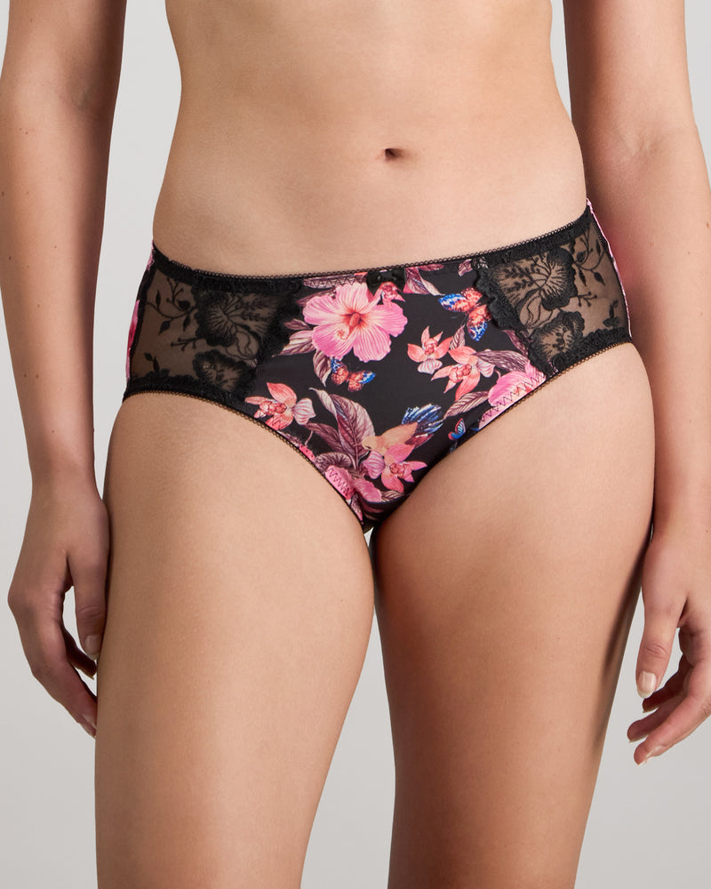Model wears Wild Violet Full Brief in TANGLED GARDEN PRINT. On body front view
