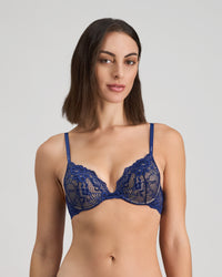 Model wears My Fit Lace Push Up Bra in Medieval Blue. On body front view