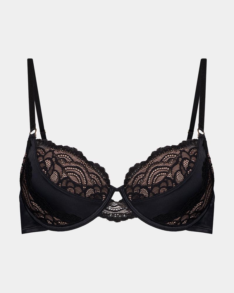 Amara Contour Balconette Bra in BLACK. Flat lay front view