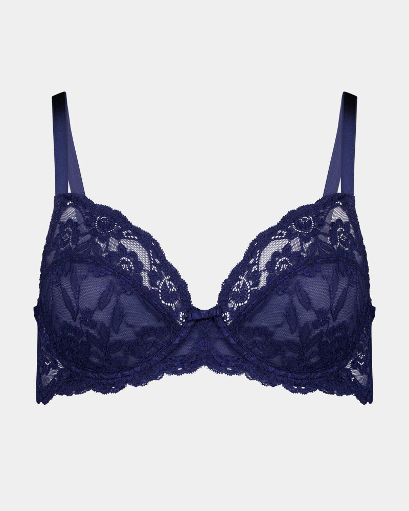 Baroque Underwire Bra in Medieval Blue. Flat lay front view