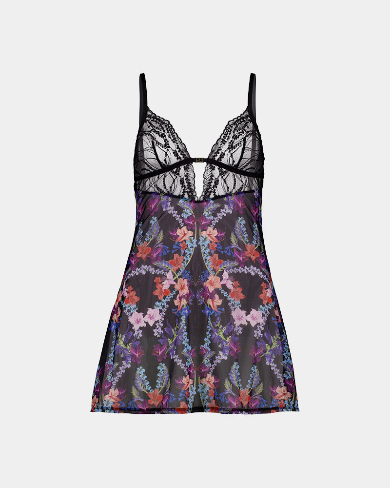 Adaline Chemise in BLACK FLORAL PRINT. Flat lay front view