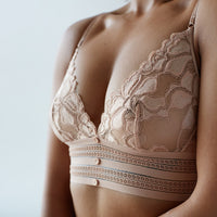 Model wears Captivate Me Bralette in NUDE INTIME. On body side view