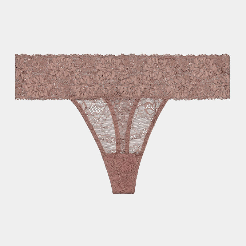 Lace Thong in MOCHA. Flat lay front view