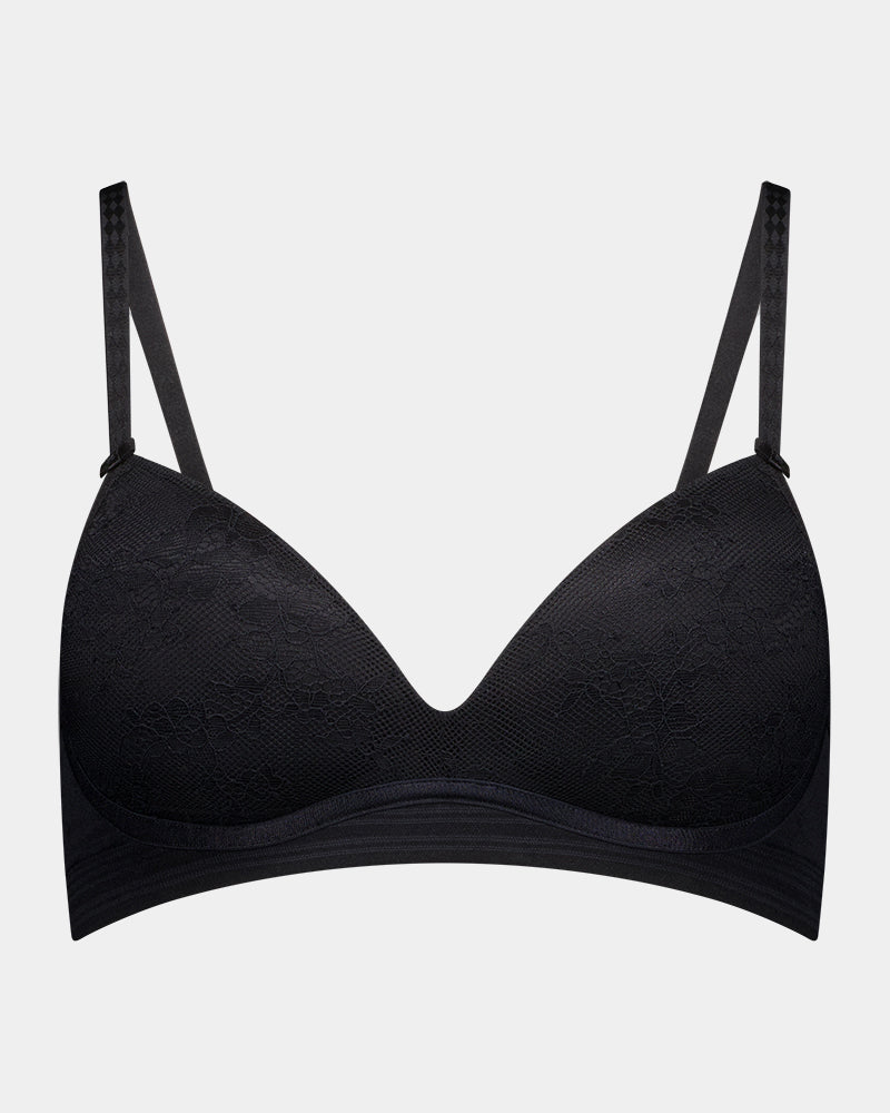 Bendon Body Lace Wire Free Bra in BLACK. Flat lay front view