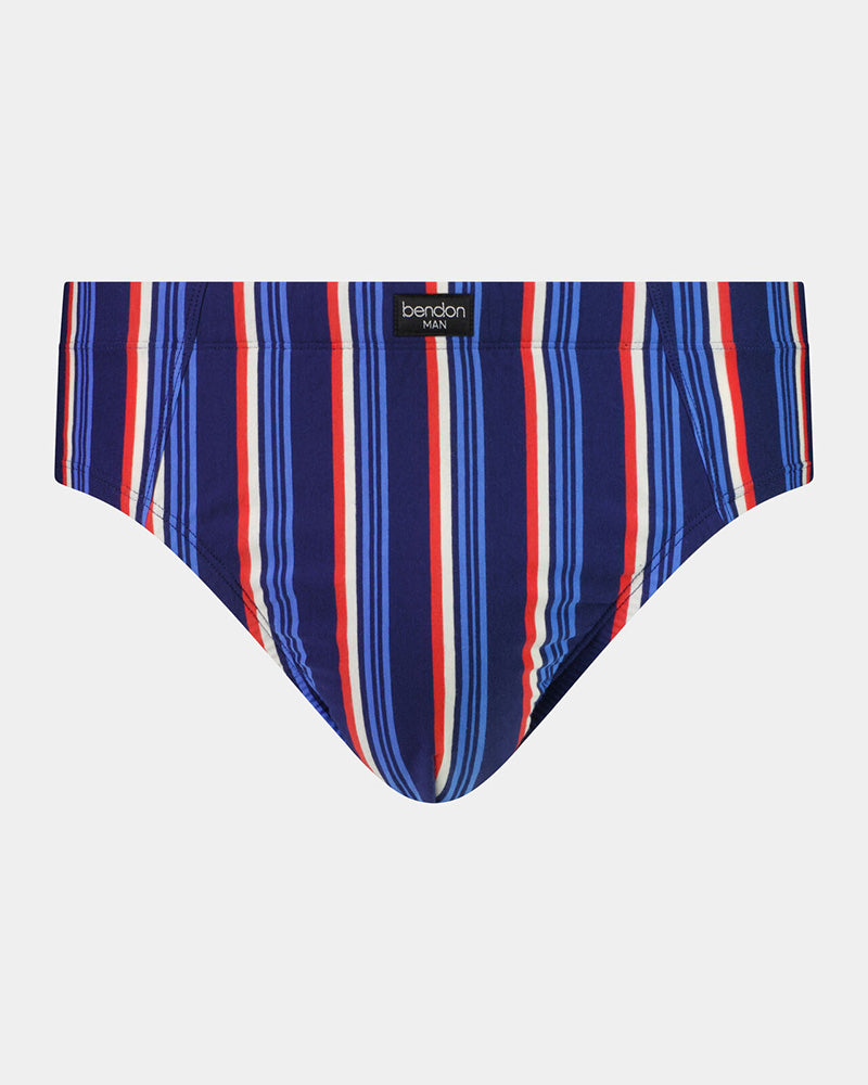 Cotton Stretch Mens Brief in BITTERSWEET/REGATTA STRIPE. Flat lay front view