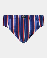 Cotton Stretch Mens Brief in BITTERSWEET/REGATTA STRIPE. Flat lay front view