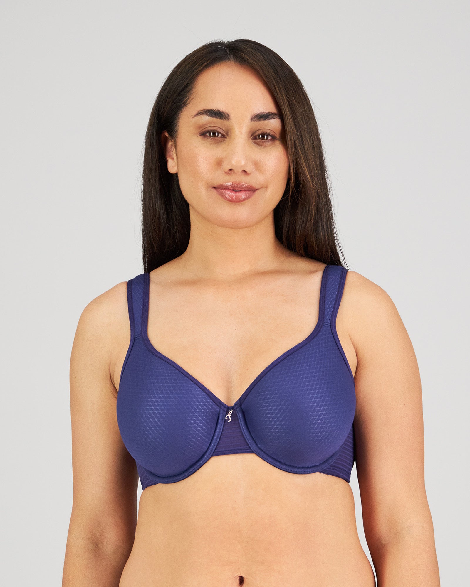 Model wears Perfect Lines Contour Bra in BLUE RIBBON. On body front view