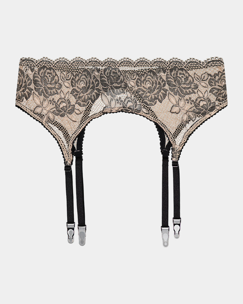 Everlasting Love Suspender in CAMEO ROSE / BLACK. Flat lay front view