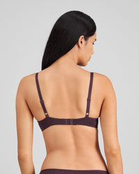 Model wears Hazel Contour Bra in PLUM PERFECT. On body back view