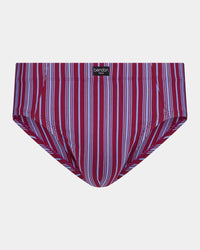 Cotton Stretch Mens Brief in TIBETAN RED STRIPE. Flat lay front view