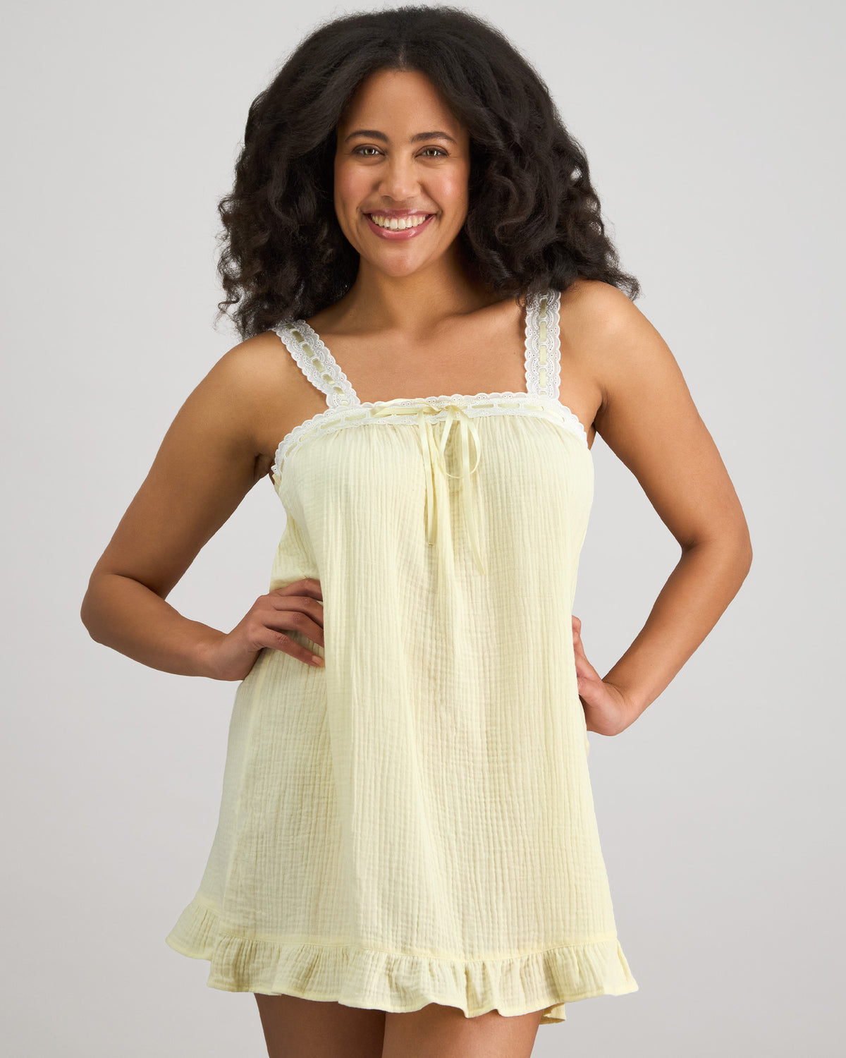 Model wears Bonbon Babydoll in TRANSPARENT YELLOW. On body front view