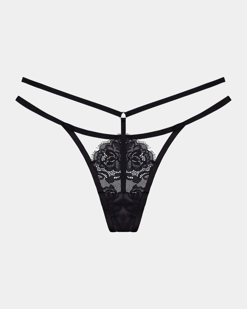 Nyx Thong in BLACK. Flat lay front view