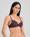 Model wears Hazel Contour Bra in PLUM PERFECT. On body side view