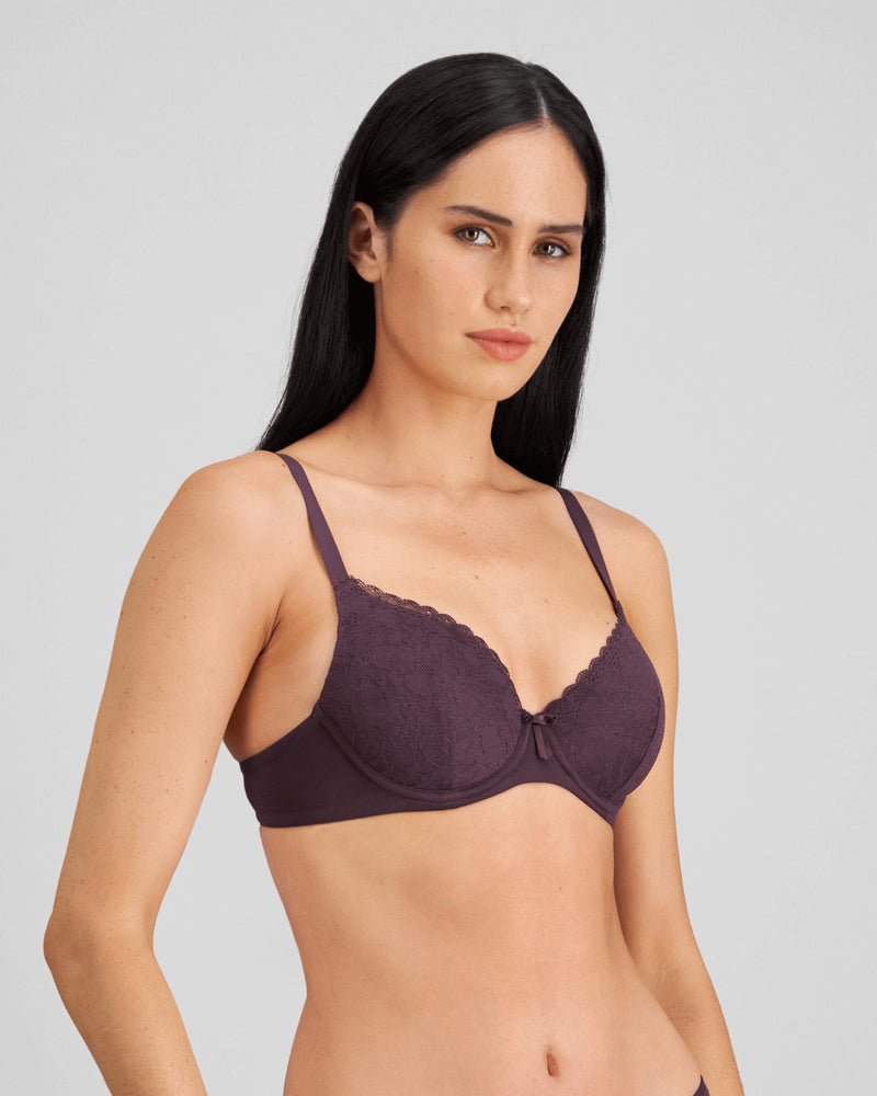 Model wears Hazel Contour Bra in PLUM PERFECT. On body side view