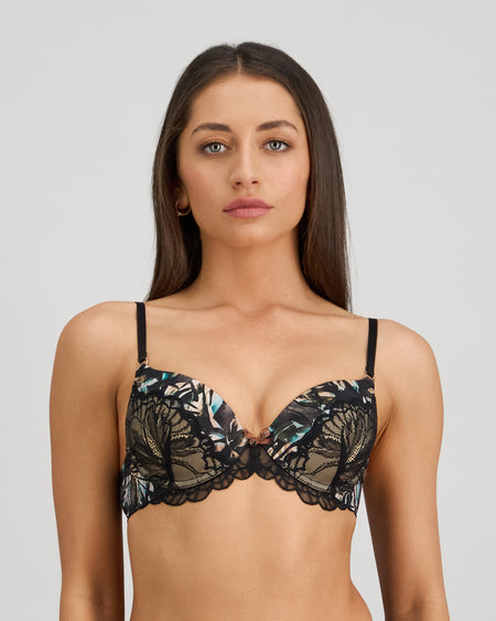 Model wears Lost Paradise Push Up Bra in BLACK PRINT. On body front view