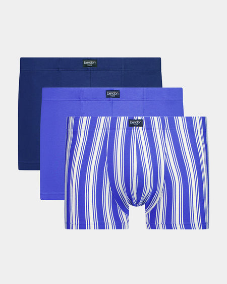 Cotton Stretch Mens Trunk 3 Pack in STRIPE/DAZZ/MED BLUE. Flat lay front view