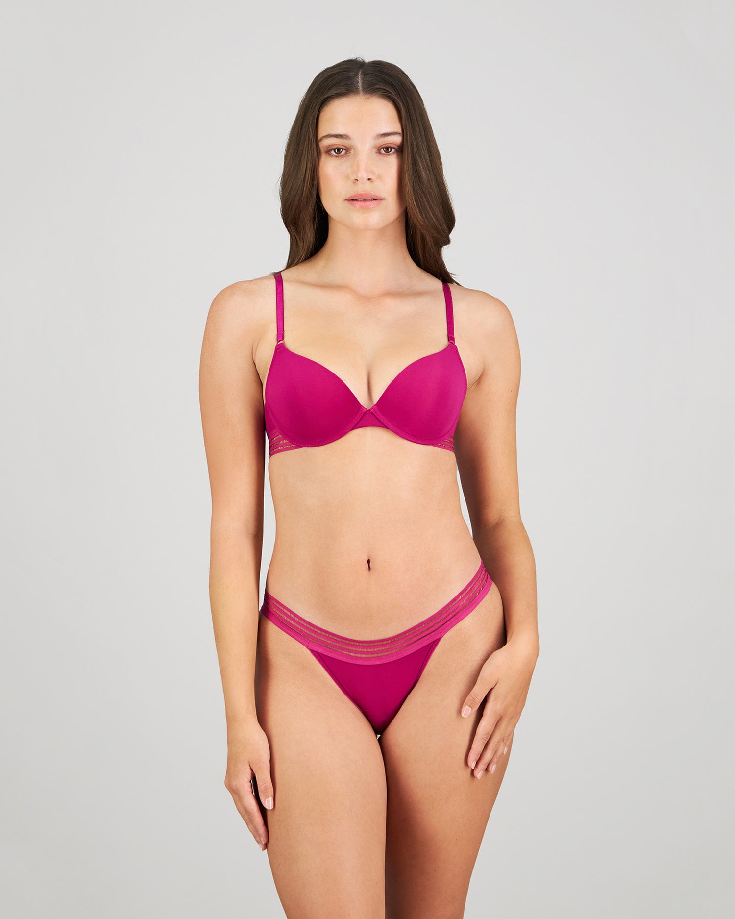 Stripe Elastic & Papertouch Push Up Bra in FANTASY FUCHSIA. Flat lay front view