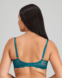 Model wears My Fit Lace Underwire Bra in EVERGLADE. On body back view