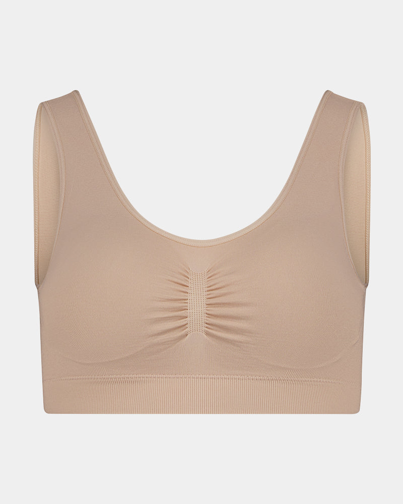 Bendon Essentials Crop Top in LATTE. Flat lay front view