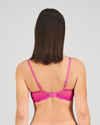 Model wears My Fit Lace Underwire Bra in FANTASY FUCHSIA. On body back view