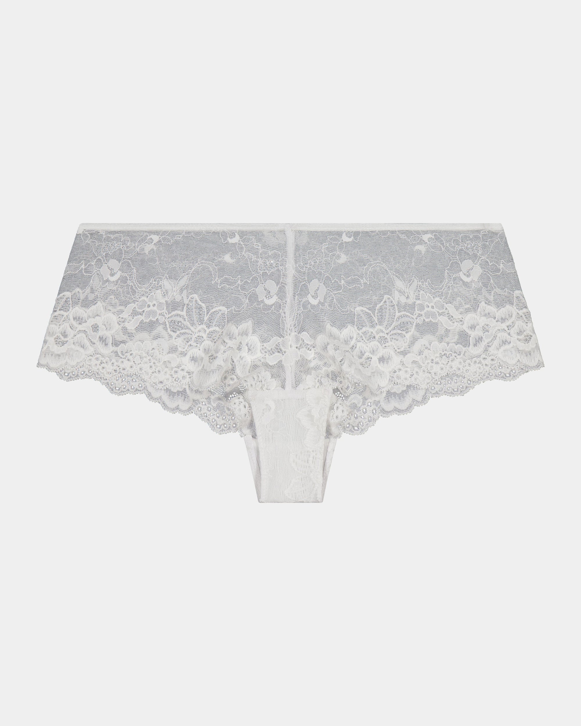 My Fit Lace Brazilian in WHITE. Flat lay front view