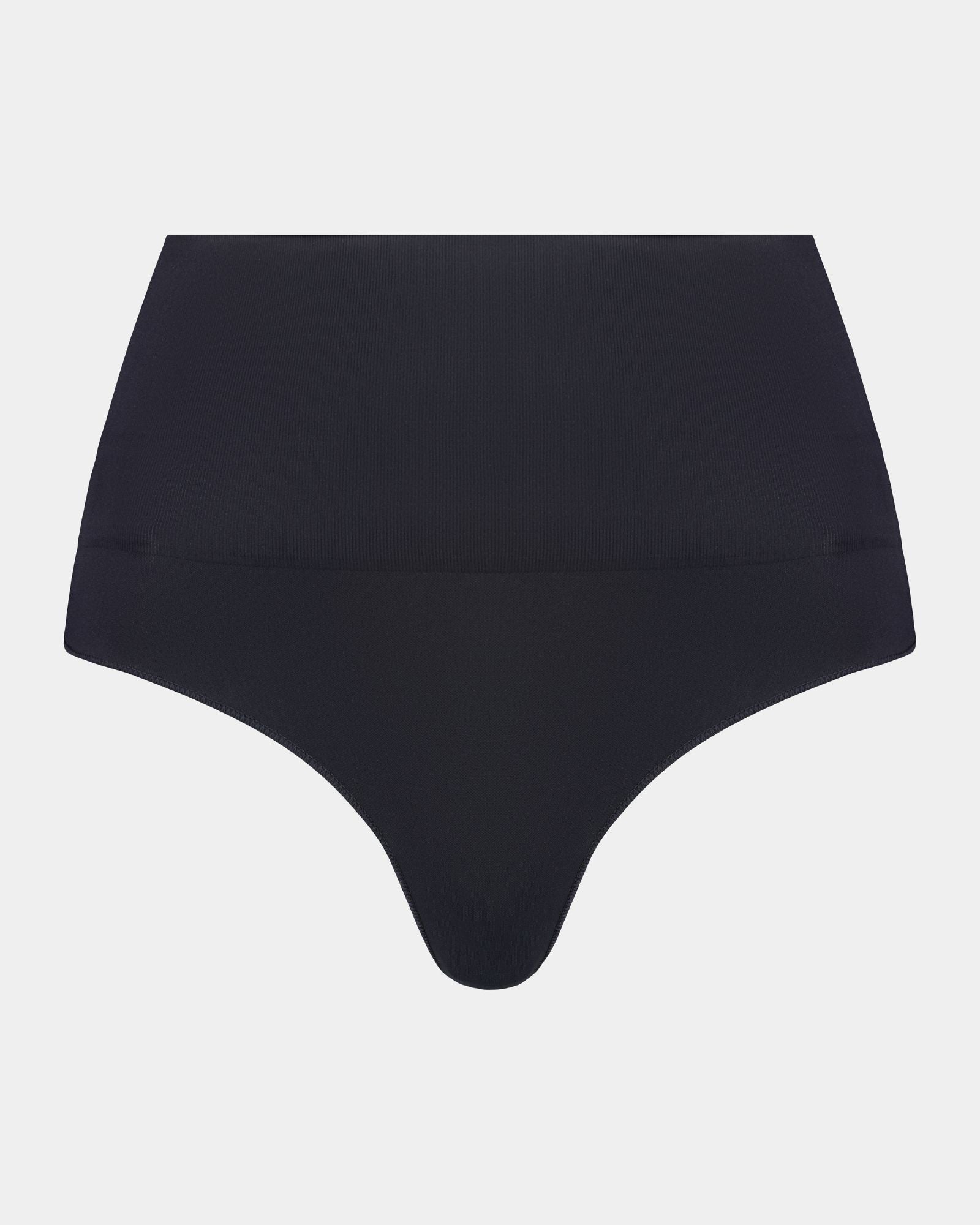 Bamboo Bodywear Thong in BLACK. Flat lay front view