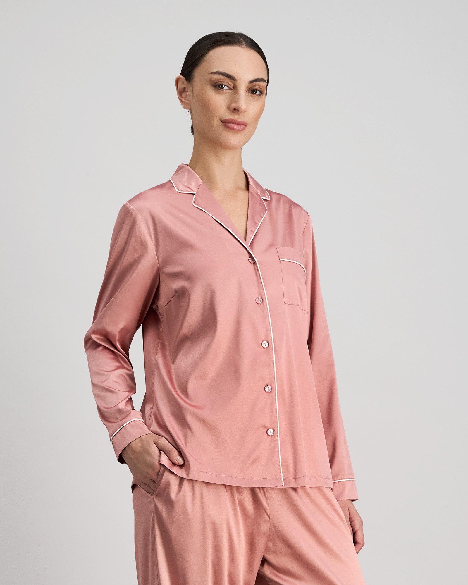 Model wears Holly Long Sleeve PJ Top in ASH ROSE. On body side view