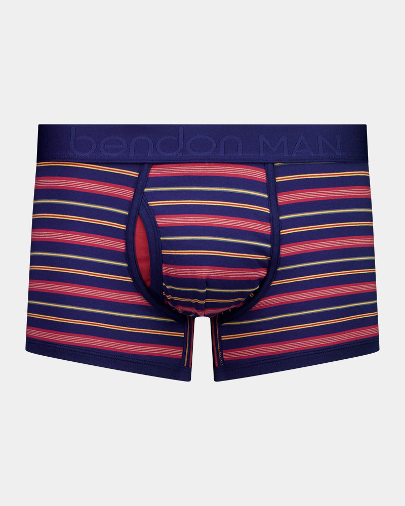 Bold Stripe Mens Trunk in MEDIEVAL/GARNET STRIPE. Flat lay front view