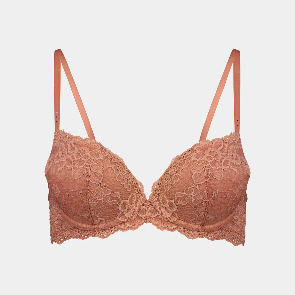 My Fit Lace Push Up Bra in CINNAMON. Flat lay front view