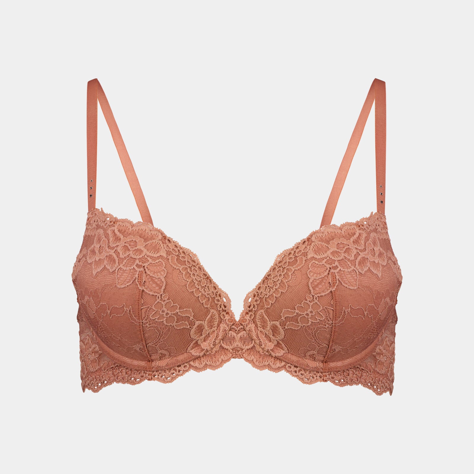 My Fit Lace Push Up Bra in CINNAMON. Flat lay front view